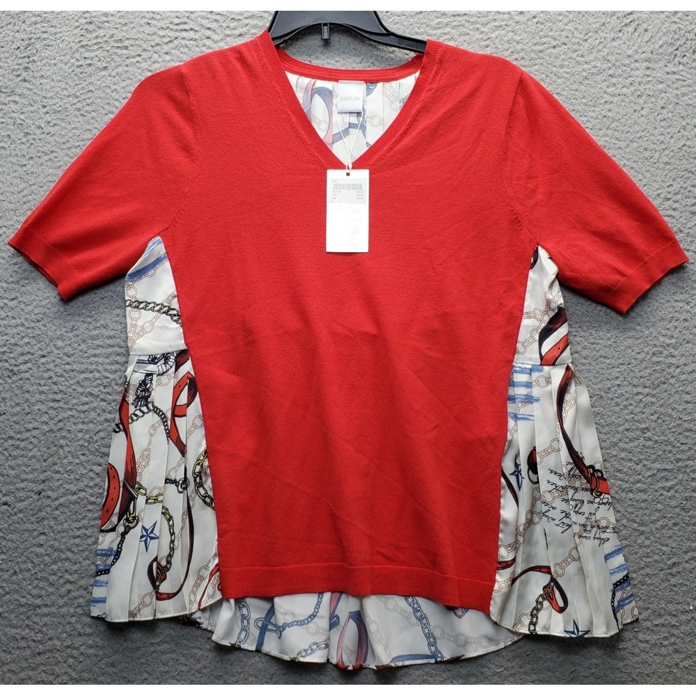 Madeleine Knit Blouse Womens Medium Multi Geometric Short Sleeve Pleated V-Neck